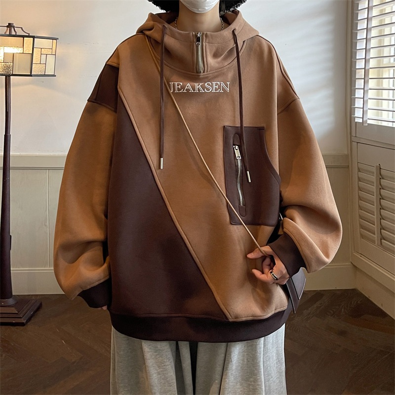 アメリカンレトロハーフジップセーターメンズフード付きハイストリートタイドカップルトップス春秋大きいサイズ長袖ジャケット
