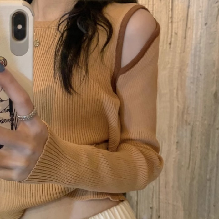 レディース トップス ニット セーター プルオーバー 長袖 ラウンドネック オフショルダー 襟なし スリム 細身 スマート 伸縮性 かわいい 大人可愛い きれいめ シンプル カジュアル 上品 おしゃれ