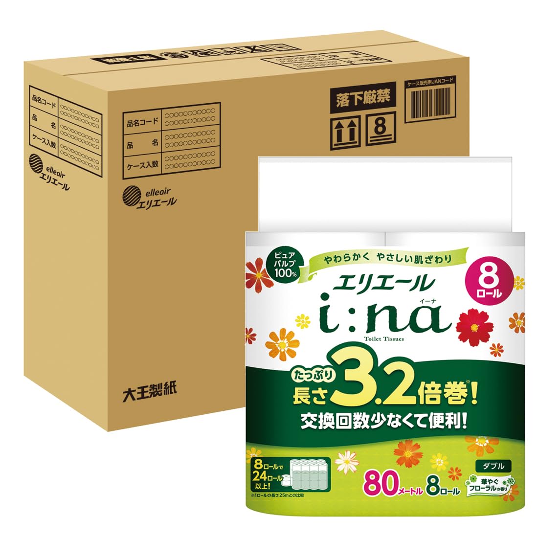エリエール トイレットペーパー i:na(イーナ) 3.2倍巻き 80m×32ロール (8ロール×4パック) ダブル パルプ100% 華やかなフローラルの香り 【ハーフケース】