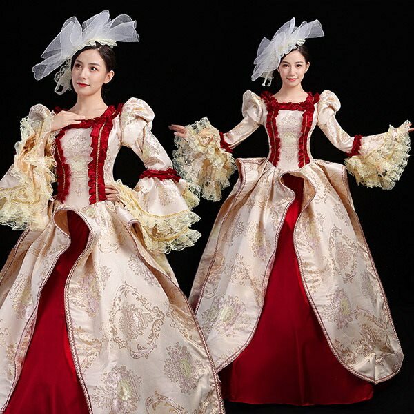 貴族 貴婦人 ドレス コスチューム 舞台 衣装 中世貴族風 お姫様 クリスマス パーティー 中世 ヨーロッパ ロングドレス 大きいサイズ 中世 ヨーロッパ ワンピース 刺繍 プリンセスライン フリル
