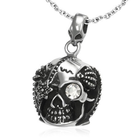ウォーリアスカルステンレスペンダントトップ（クリスタル） 眼帯 ドクロ 髑髏 宝石 サージカルステンレス316L ネックレス パーツ 男性 女性 チョーカー プレゼント stt00-00-0619