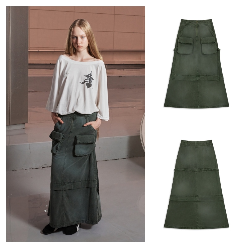 スカート OPEN YY_TheOpen Product CARGO POCKET MAXI SKIRT (KHAKI) Open Yy Green Cargo Denim Maxi Skirt In Khaki | ModeSens