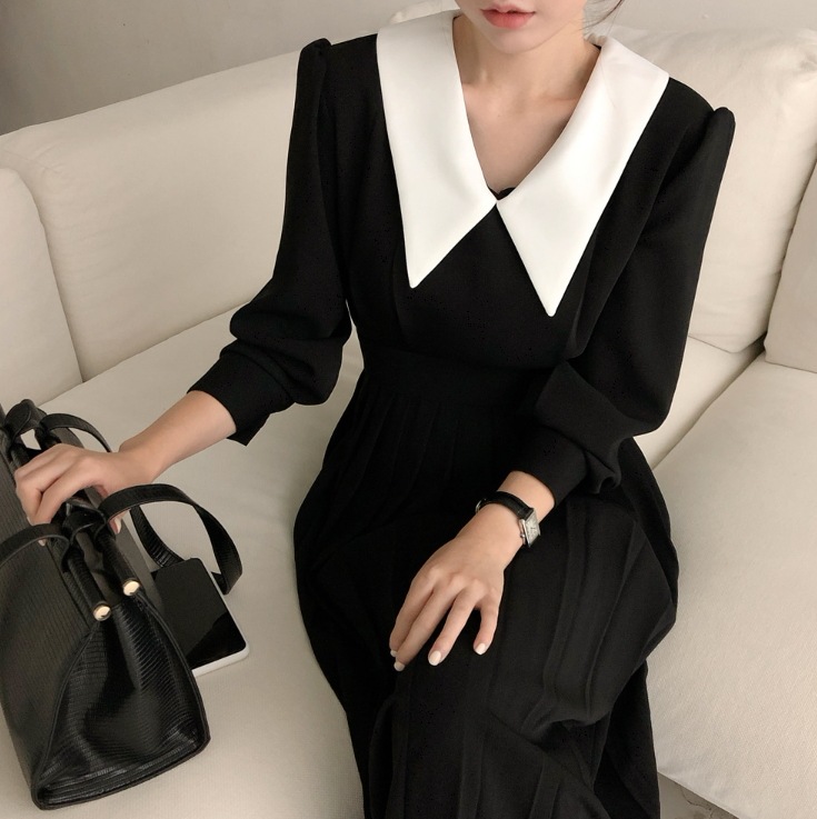 襟付きワンピース ワンピース フレアワンピース ワンピドレス ミモレ ミモレ丈 ロング ロング丈 袖あり 長袖 Vネック 襟付き フレア Aライン プリーツ 切り替えデザイン ハイウエスト かわいい