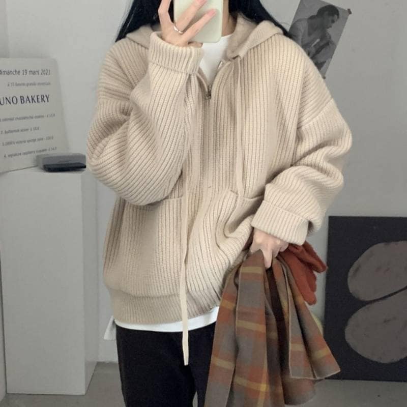 ニットトップス 　ロング丈　セーター フード付き　ジップカジュアル　ゆったり　レトロ　アウター　春秋今っぽシアーシャツ カーディガン ベーシックニット カシミヤタッチ ベーシックニット カーディガン