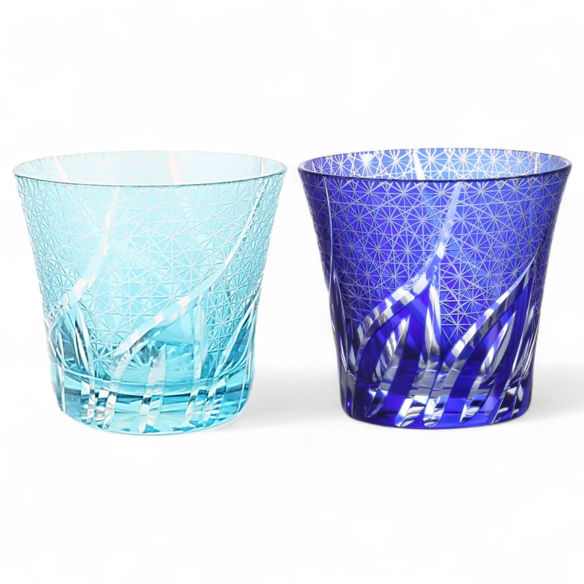 J-kitchens 水影 切子 ペア グラス カップ Φ94xH85mm 240cc 乱彫小紋 アクア & ブルー 底彫あり 美匠 Current Model