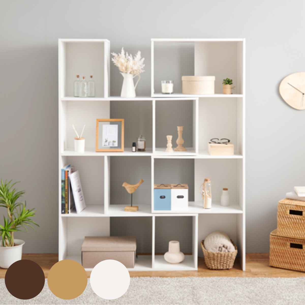 スライドラック 4段 木製 オープンラック 幅92-121cm 伸縮 収納 コーナー ラック 棚 シェルフ 飾り棚 間仕切り 間仕切 スライド 四段 A4 ブラウン ナチュラル ホワイト