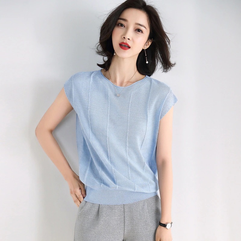 Tシャツカットソー夏の新型ゆるいtシャツコウモリシャツ縦紋薄手氷糸半袖ニットTシャツ