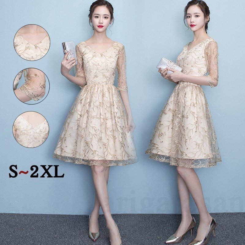 ウェディングドレス 膝丈ドレス 花嫁 二次会 ドレス 結婚式 コンサート ピアノ発表 ワンピース パーティー オリエンタル柄 シャンパン色 袖あり 上品 花柄
