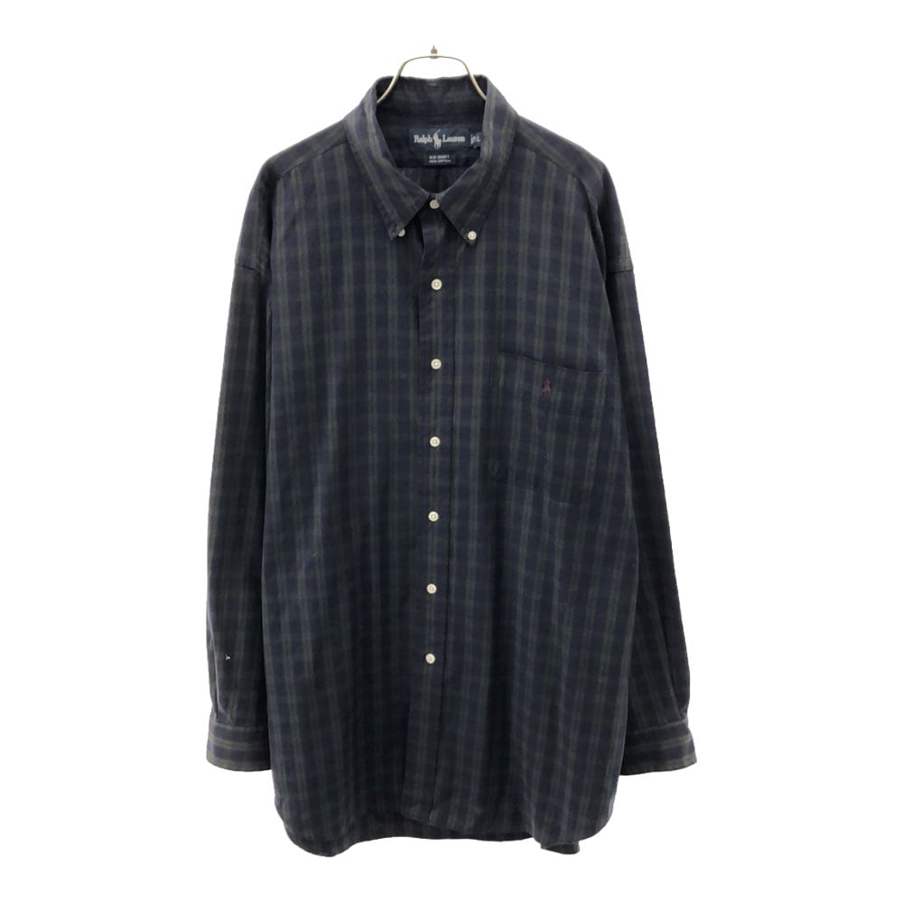 BIG SHIRT チェック柄 ロゴ刺繍 長袖 ボタンダウンシャツ LL ネイビー系 ビッグシャツ メンズ