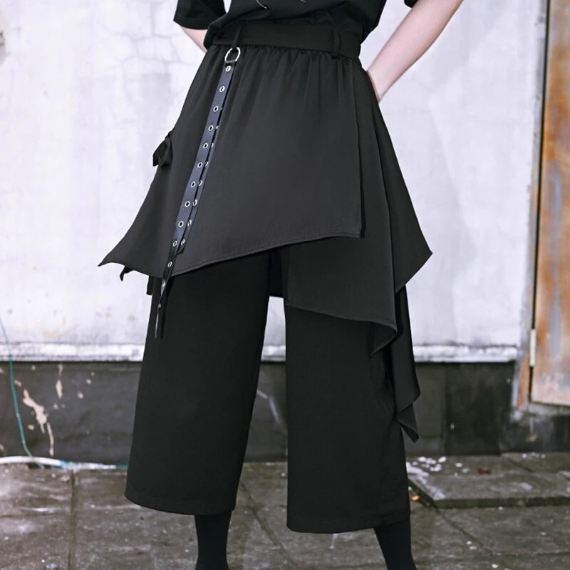 ワイドパンツ レディース 春夏 クロップドパンツ 黒 レイヤード風 飄逸 革飾り