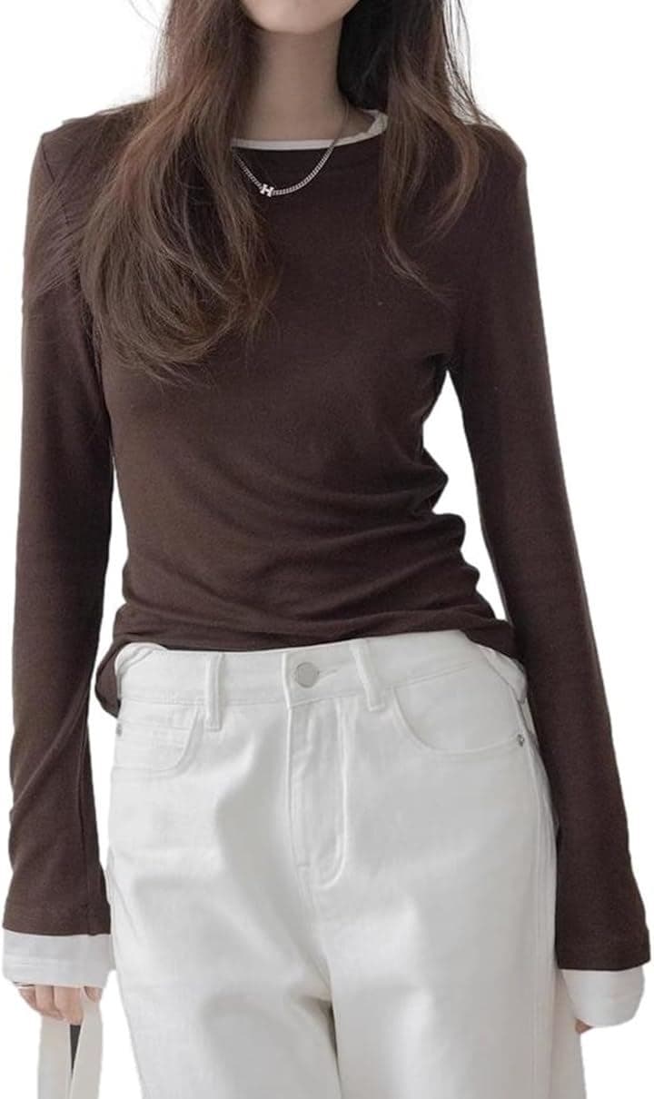 フェイクレイヤード ストレッチTシャツ リヨセルウール混 長袖(ブラウン, S) 5,433円