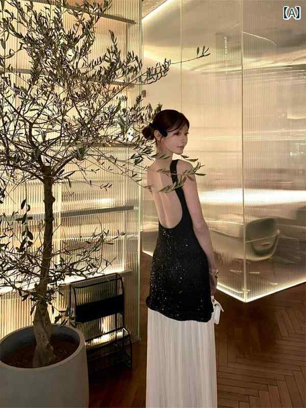 ドレス　パーティー　レディース 黒の スパンコールの ドレス 高級 高貴 金持ちの 女の子 衣装 王室の 姉妹 スタイル 魅惑的 背中の 開いた