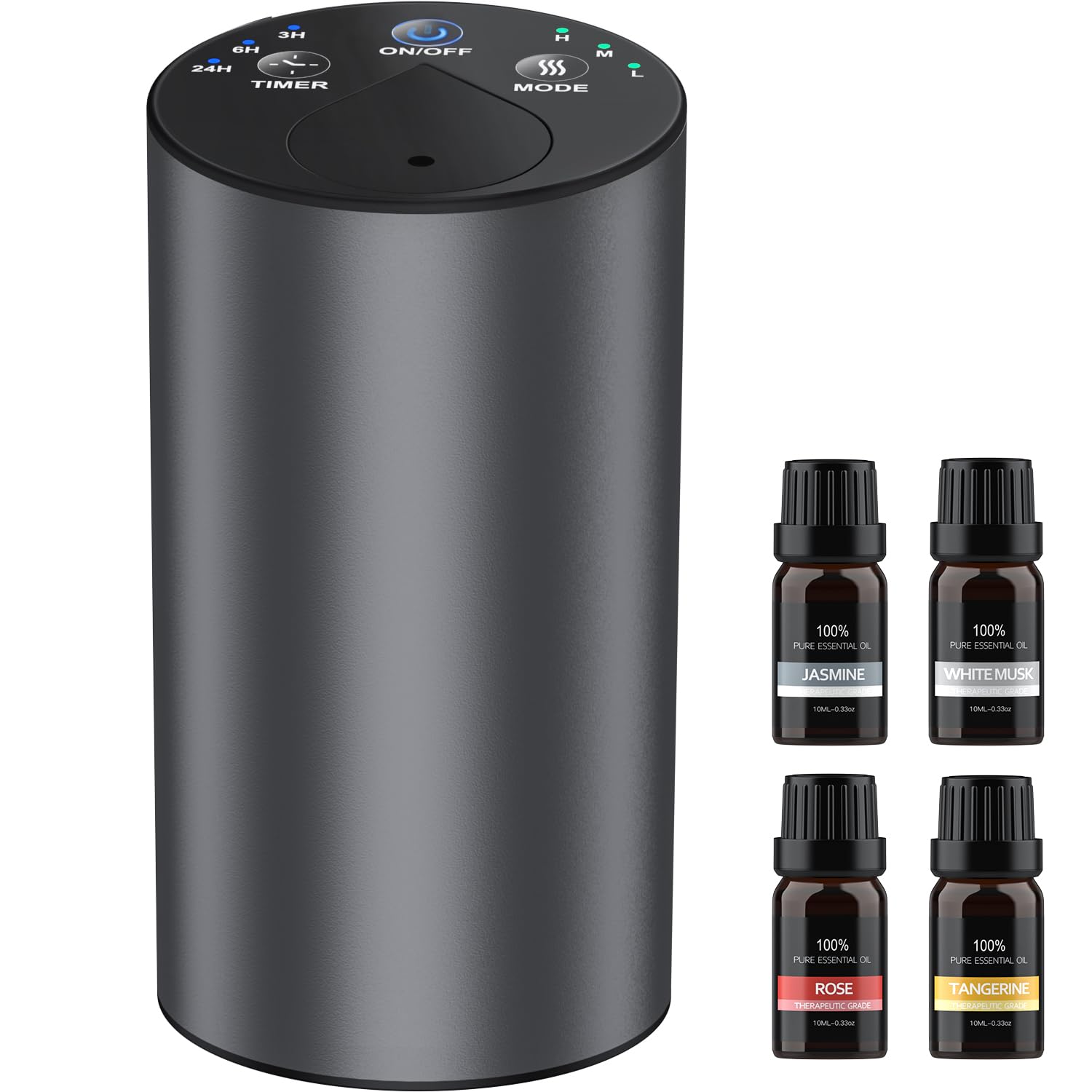 Amison 車用 ディフューザー 芳香剤 精油10mL X4本付 水なし自動噴霧式 アロマ ネブライザー 2400mAhバッテリ内蔵 充電式 静音 アロマディフューザー ミスト量調整 タイマー機能