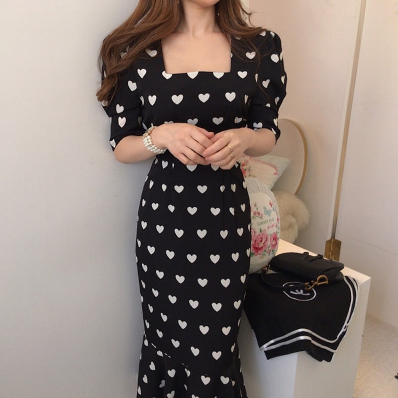 ハート柄 マーメイドワンピース パフスリーブ マーメイドワンピース 半袖 ワンピース ドレス かわい