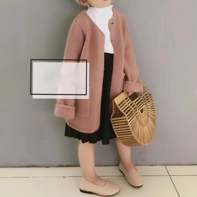 キッズ アウター カーディガン ニット 女の子 ガールズ おしゃれ 無地 長袖 こども 韓国子供服 ニットロングカーディガン　ピンクブラウン 752