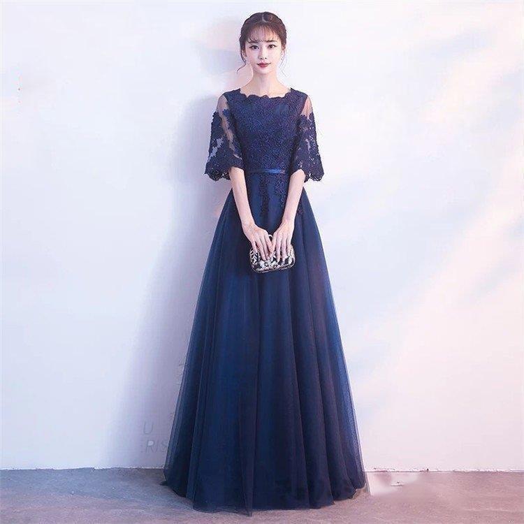 ロングドレス演奏会袖あり50403020結婚式レディースパーティードレス韓国ドレスチュールレースマキシ丈フォーマルピアノ発表会二次会