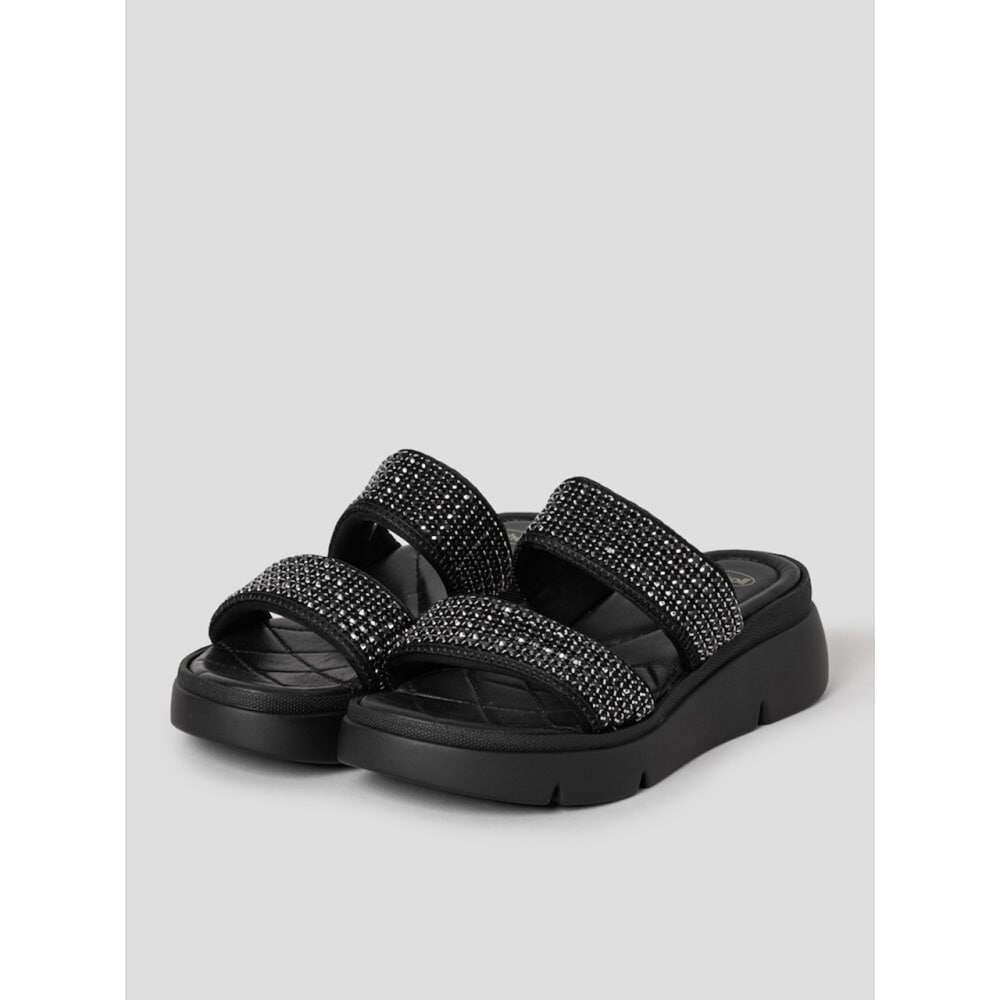 Scholl (レディース) グリッターコンフォートチャンキーサンダルブラック (HH54K2F135)