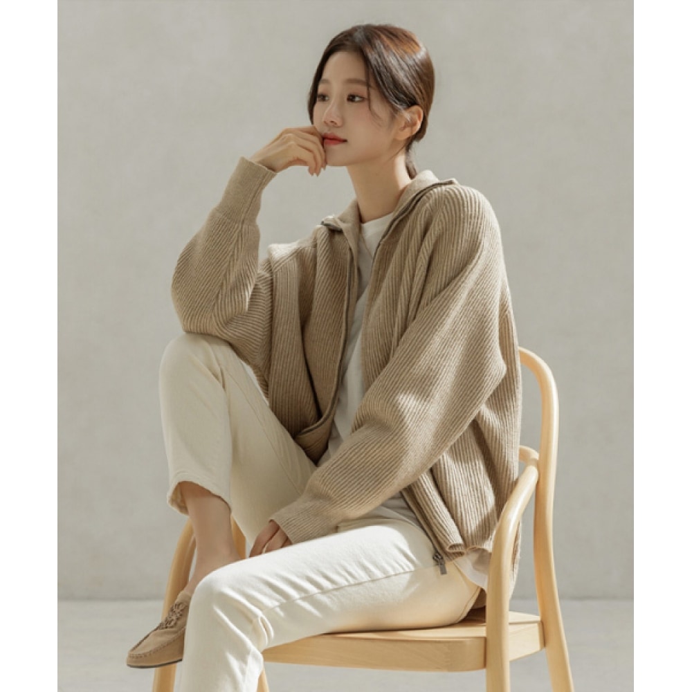 FRENCHCHICラグランハイネックリブ付きジップアップカーディガン