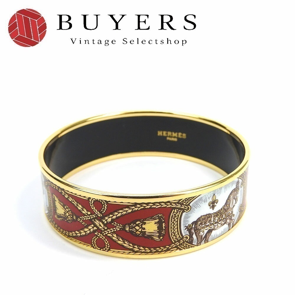 中古エルメス エマイユ バングル ブレスレット X刻印 アクセサリー ジュエリー 小物 馬車柄 七宝焼き メッキ GP ゴールド レッド レディース 女性 hermes bangle accessor