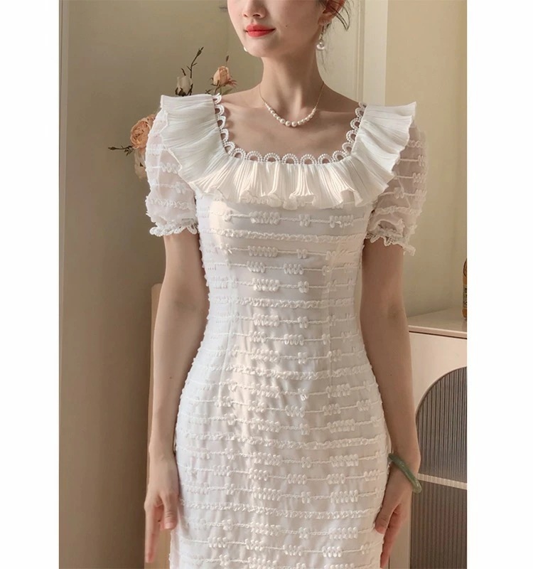 レースワンピース レディース 半袖 膝丈 ひざ丈 フリル プリーツ 可愛い きれいめ カジュアル 着痩せ 夏用 おしゃれ 春 夏 結婚式 パーティー 二次会ドレス ミディアムドレス フォーマル 演奏会