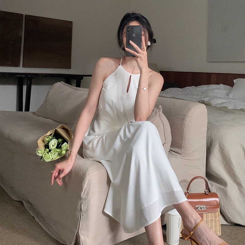 ノースリーブシフォンドレス ワンピース ドレス レディース ホルターネック ホワイトワンピース 夏 サマー サスペンダースカート サマードレス a4301