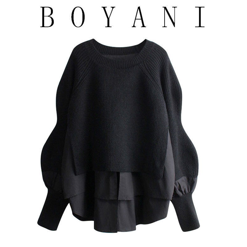 異素材 レイヤード風 ニット セーター ドッキングセーター トップス レディース モード系 オシャレ お仕事コーデ ママコーデ カジュアル D365