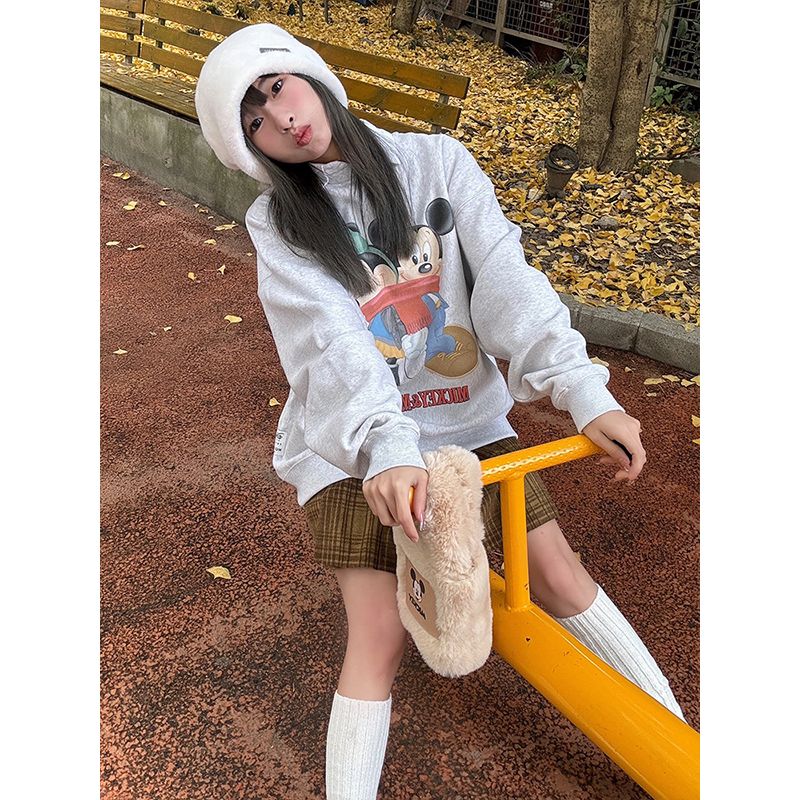 大好評 ヴィンテージアメリカ風カーディガン女性冬ベルベット漫画ミッキープリントゆるい丸首長袖グレー上着特売