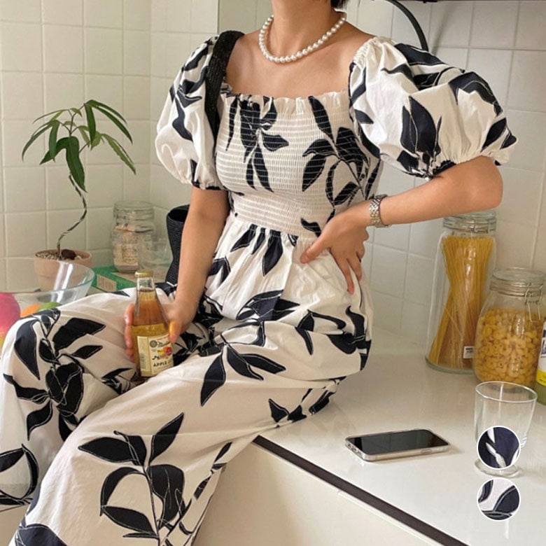 2A19 花柄 オールインワン レディース ジャンプスーツ ハイウエスト フラワー カジュアル 肩出し 肌見せ オフショル ワイドレッグ ワンピースパンツ 韓国ファッション オフショルダー