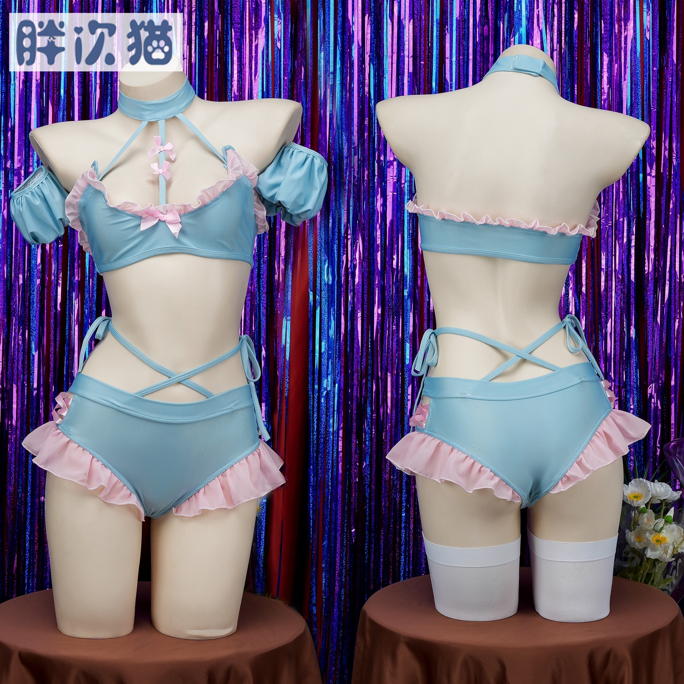 ソフトガールスプリット水着ブルーとピンクのガールホルターネックスーツフリル付きパジャマ水中でかわいい期間限定30%