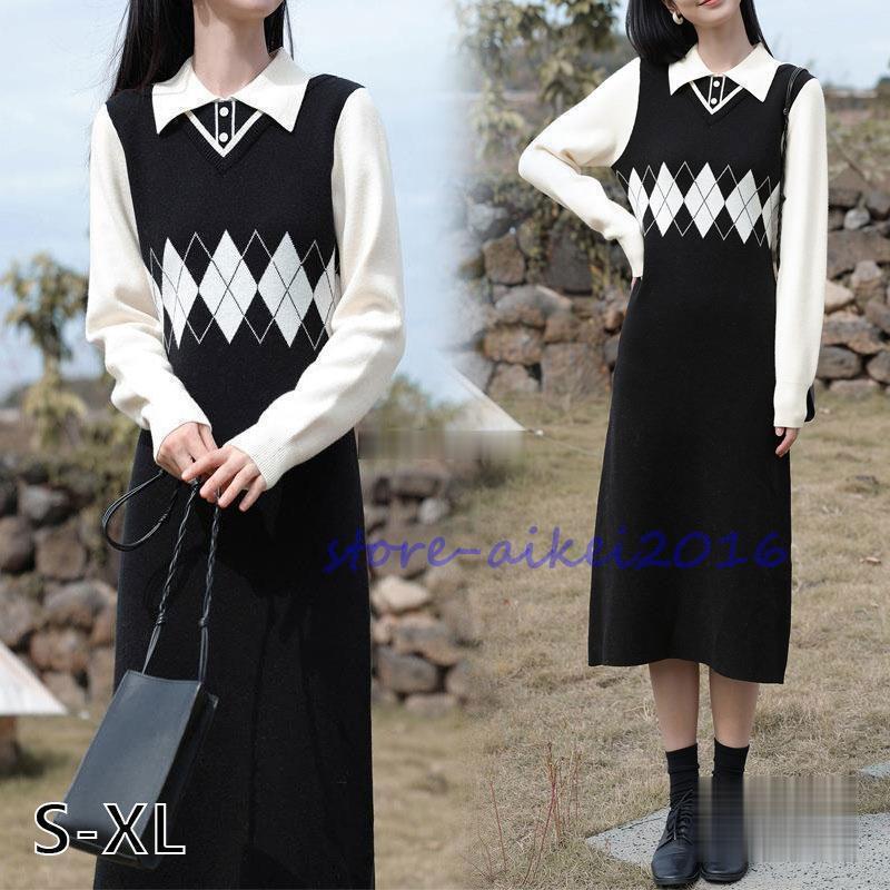 ニットワンピース レディース 黒ワンピ ポロネック ニットセーターワンピ ポロネック菱格 長袖ファイクレイヤード プルオーバー ゆったり オシャレ