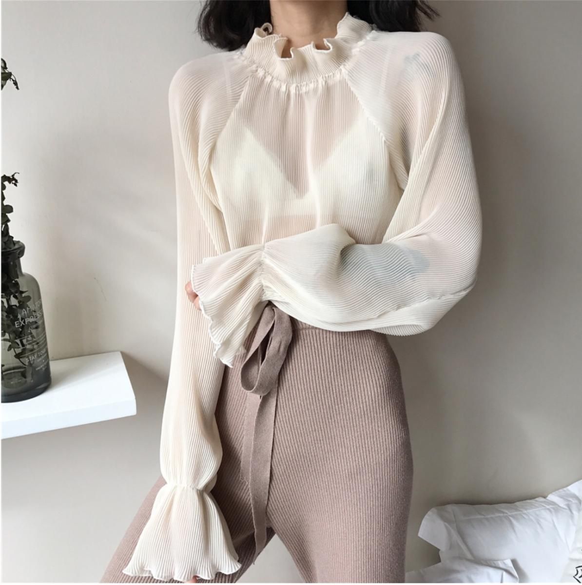 ブラウス 立ち襟 フリル 白 スタンドカラー タートルネック プチハイネック レディース トップス ガーリー 韓国 シースルー シアー リブ 結婚式 パーティー お呼ばれ きれいめ デート服 春 秋