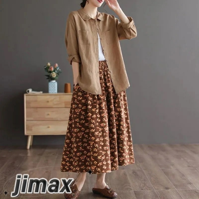 花柄 マキシスカート 春夏 スカート ミモレ丈 ポケット付き 花柄スカート チェック 綿麻 ロングスカート フレア ウエストゴム レディース Aライン ハイウェスト ゴム きれいめ フェミニン オフィ