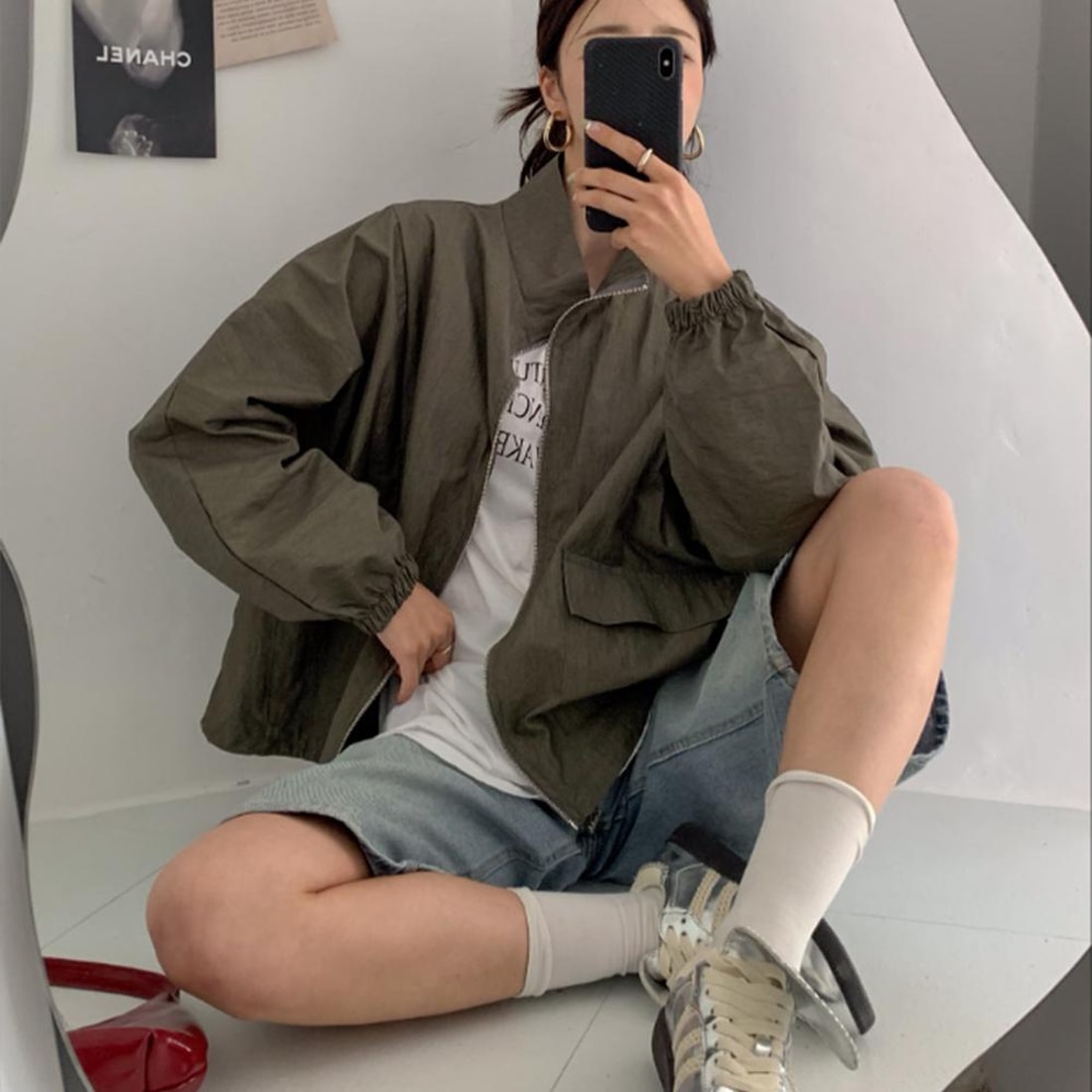 23AW 秋新作 シックなかさかさジップアップ (カーキ) / 3カラー /フリーサイズ / 綿 60%ナイロン 40%