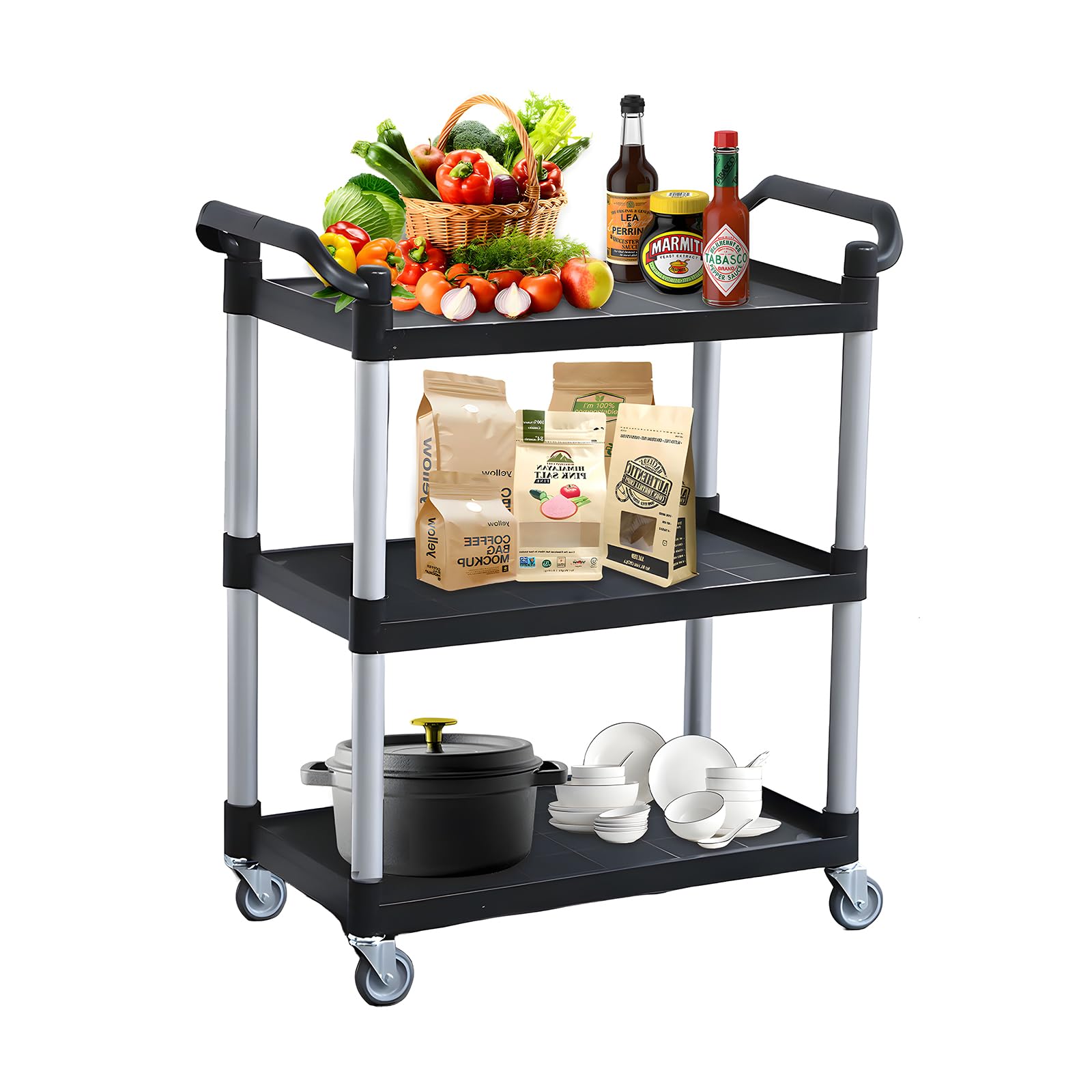 ツールワゴンツールカートキャスター付き サービスワゴン3段 キッチンカート 調理台 キッチンワゴンガレージ 工具業務用 抗菌ツールキャビネット 樹脂 トロリー ツール台車 耐荷重200K