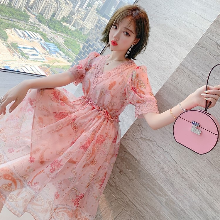 韓国ファッション　ピンクシフォンワンピース　レディース半袖　サマーワンピ