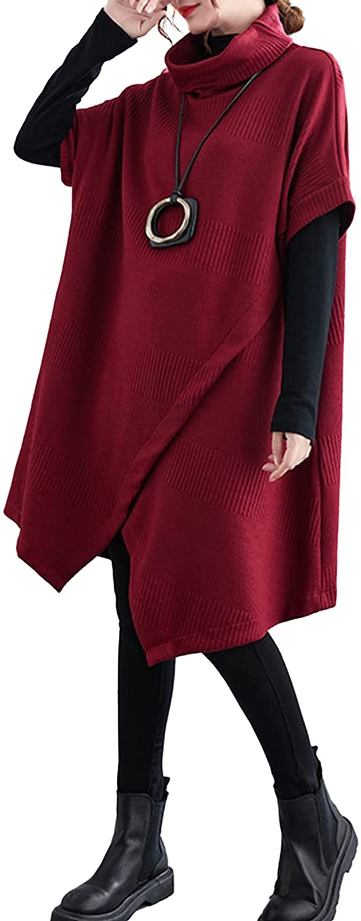 マリアマーファ タートル ニット ワンピース チュニック(レッド, 2XL)