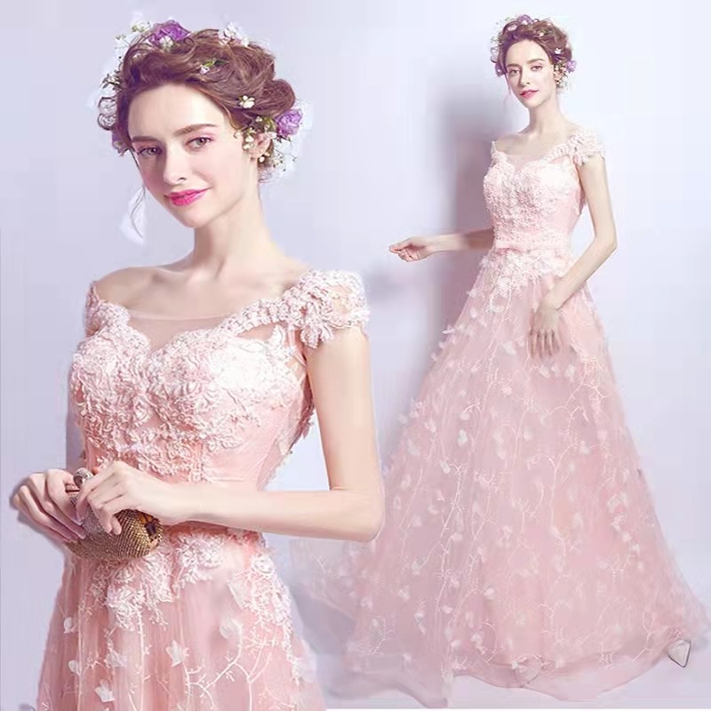 ウエディンドレス ロング丈ピンク超豪華レースＶネックオフショルダー 結婚式二次会 演奏会 編み上げ式