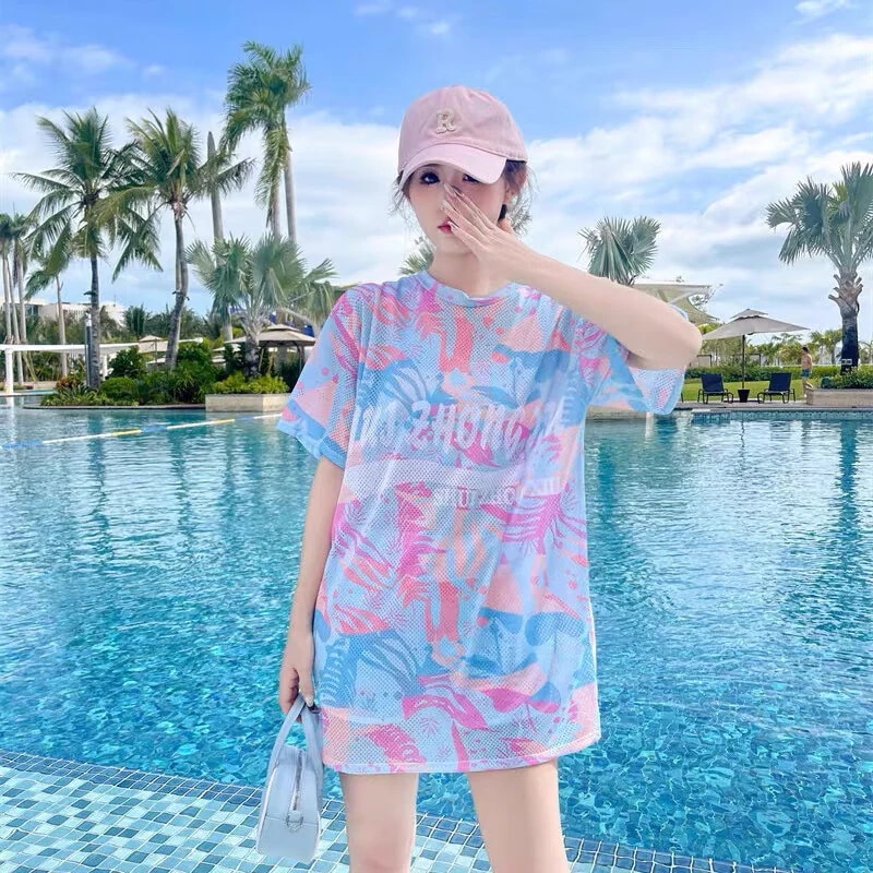 水着女性のための保守的なセパレート3点セット大きいサイズで太っているmm痩せて見える腹部隠し温泉水泳セパレート水着【ピンク45-60 kg】