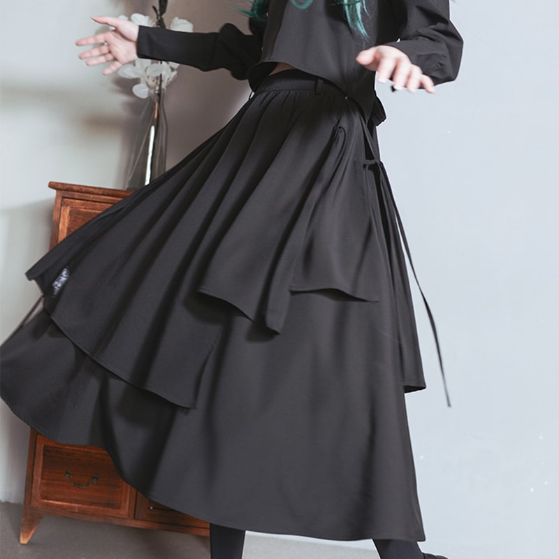ロングスカート 黒 チャイナ風スカート ボトムス レイヤードスカート 合わせやすい ブラック 不規則 アシンメトリー