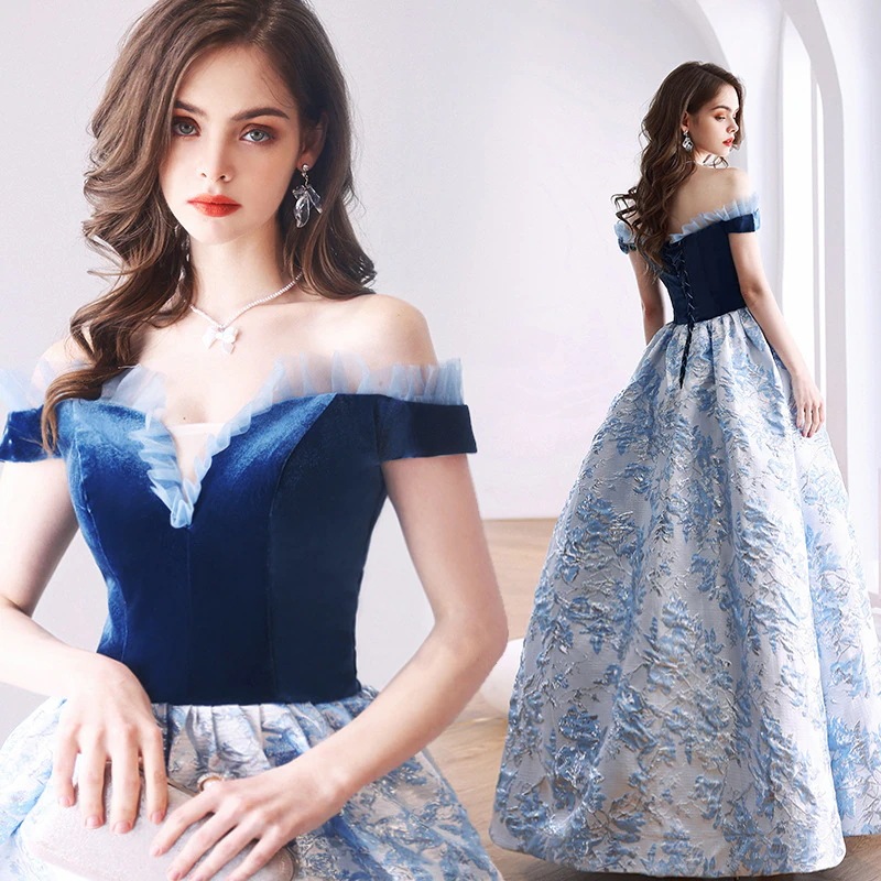 宴会公演ファッションショー司会者向けの新しいブルーのオフショルダーのイブニングドレス