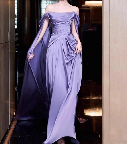 カラードレス オーキッド オフショルダー ハンドドレープ ふわふわドレス 前撮り