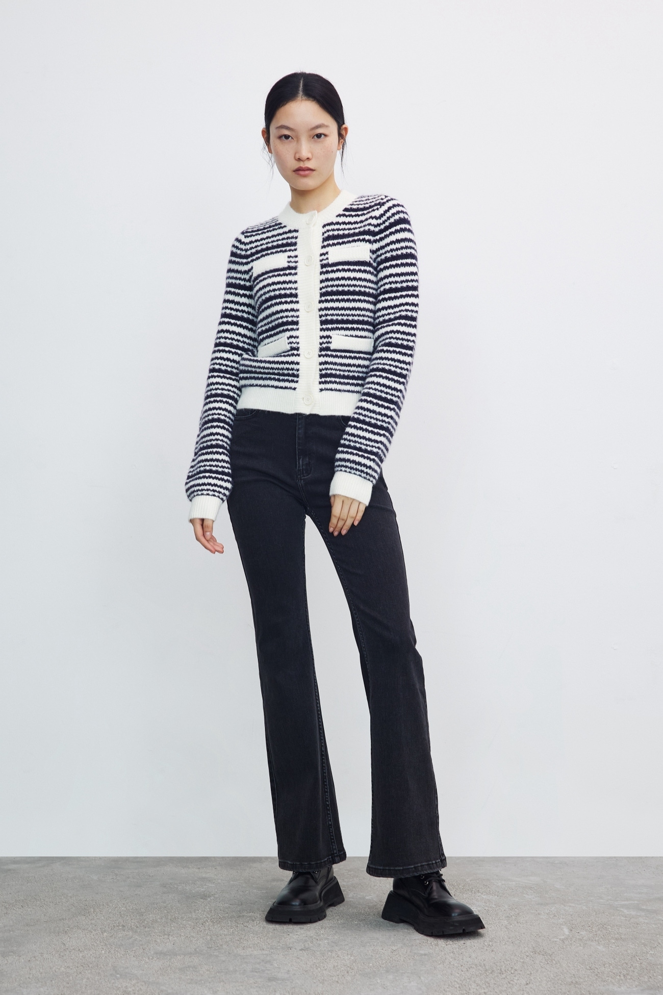 春 レディース ファッション ストライプ ニット ジャケット 個性的 ユニークなデザイン ダークブルー S M L XL トップス 袖あり 長袖 かわいい 大人可愛い きれいめ シンプル 大人 上品
