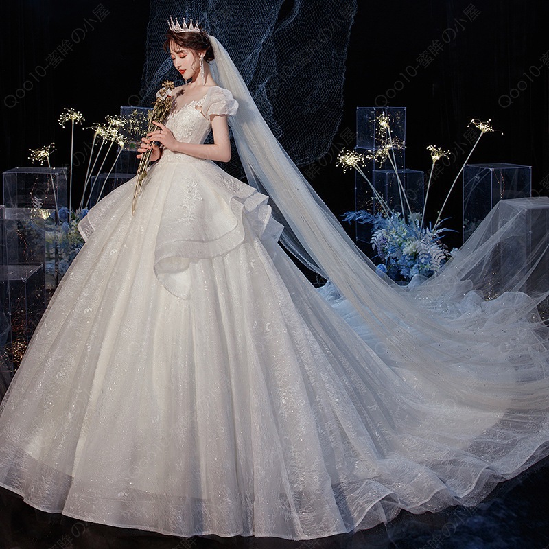 ウェディングドレス 二次会 結婚式 披露宴 ブライダル ロングドレス オフショルダー フリル 花嫁 ウエディングドレス プリンセスライン キラキラ トレーン選択-33