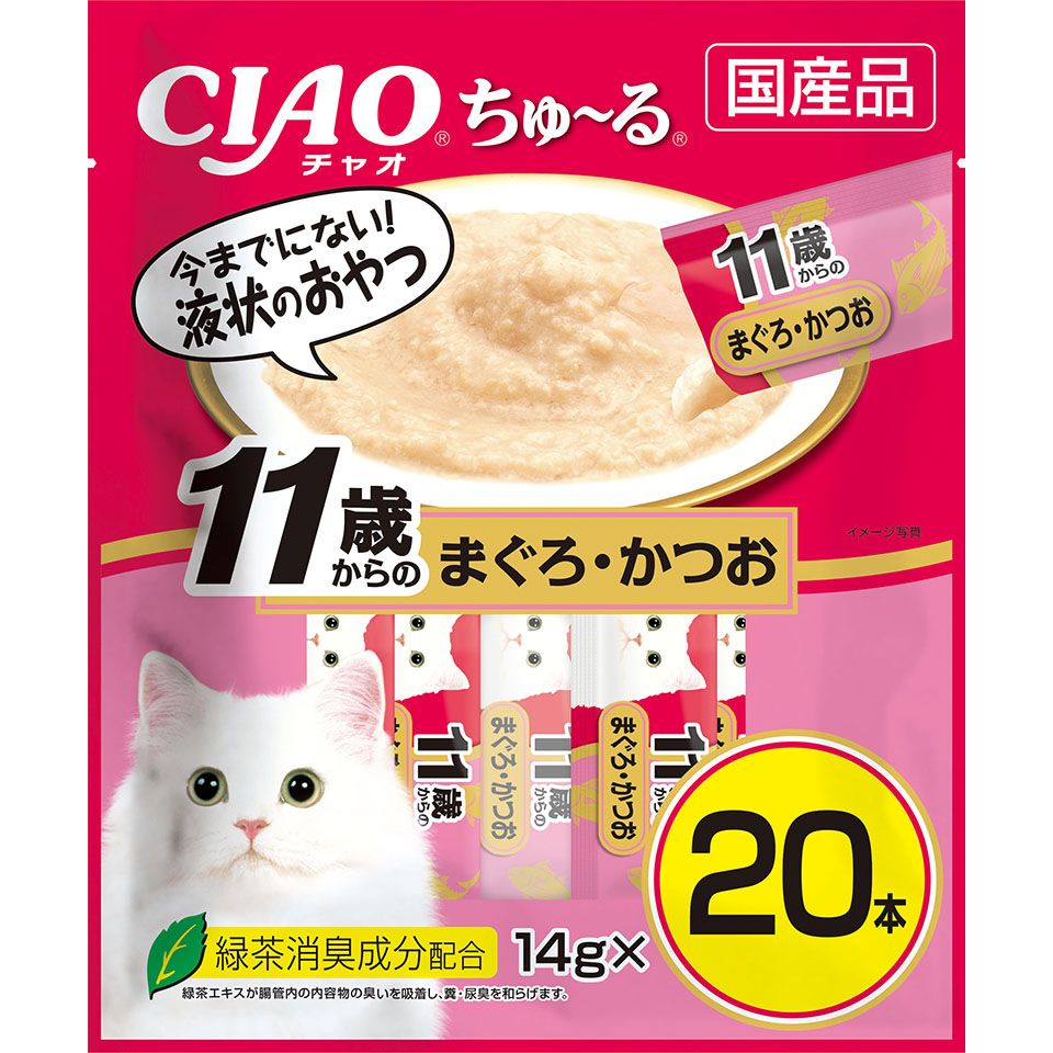 （まとめ買い）いなばペットフード CIAO ちゅる 11歳からのまぐろ/かつお 14gx20本 猫用おやつ [x4]