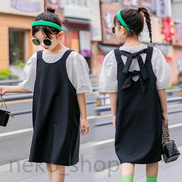 韓国子供服 フォーマル 売り出し ワンピース 半袖 シャツ+サロペットスカート Aライン 春先取りの ゆったり カ ロング