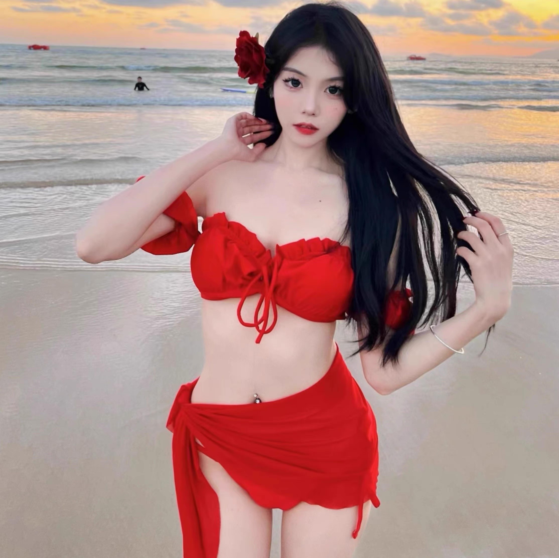 水着 ビキニ スイムウェア レディース タンキニ 紐 紐パンツ セパレート オフショル 半袖 リボン フリル シャーリング 胸元 谷間魅せ セット スリーピース 上下セット 3点セット かわいい