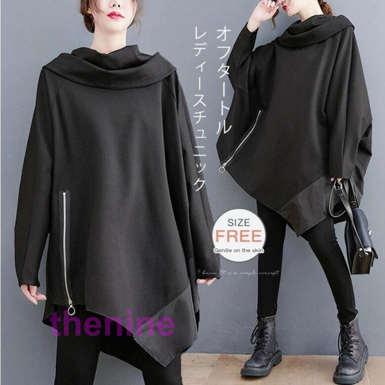 安い商品 今日だけ チュニックワンピース 秋 レディース 長袖 チュニック カットソー Tシャツ タートルネック ワンピース アシンメトリー 春 冬 プルオーバー ゆったり 体型カバー 3枚購入で35