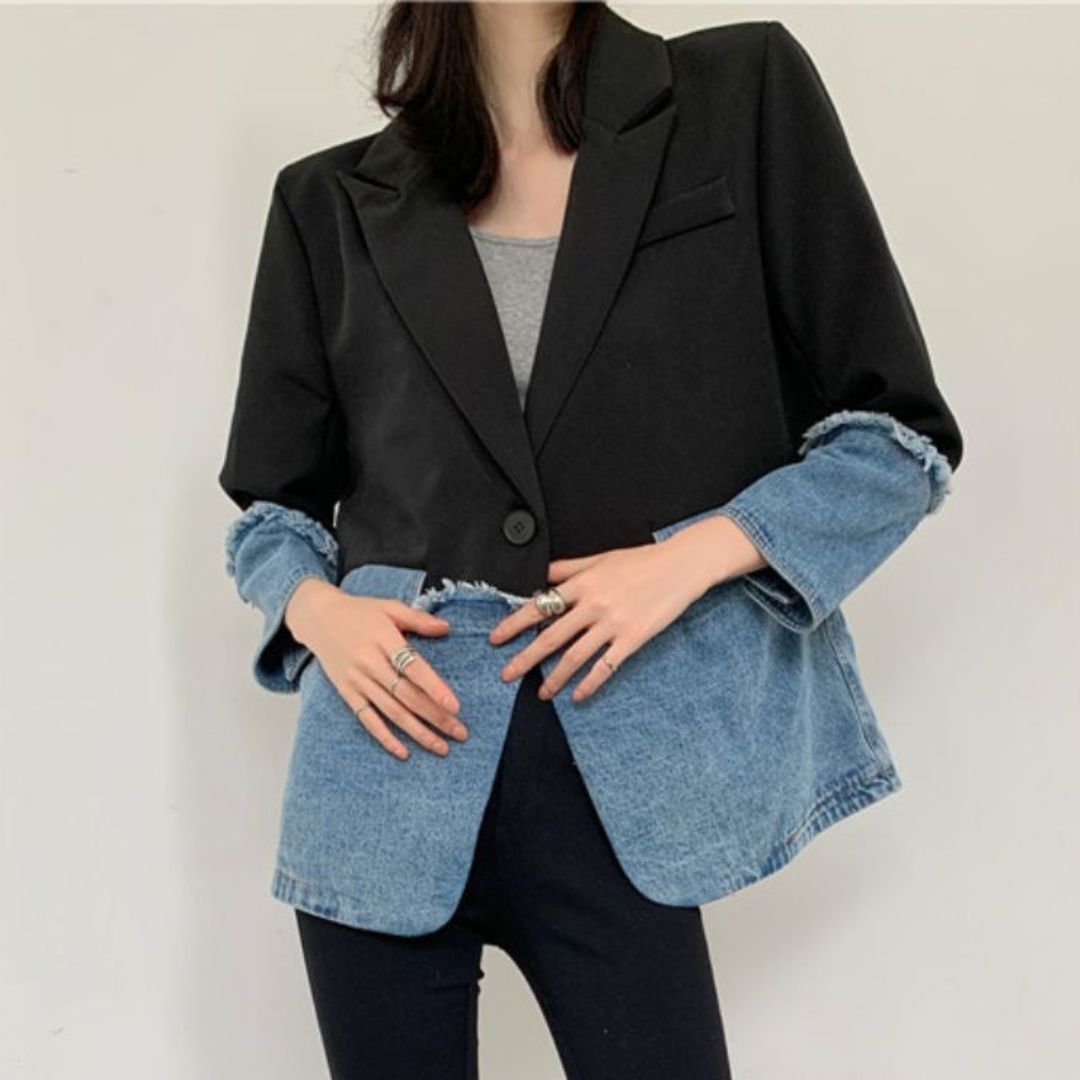 アウター ジャケット Gパン 上着 スーツ 袖あり 長袖 切り替えデザイン ドッキング デニム ブルーデニム 異素材MIX きれいめ カジュアル 大人 上品 おしゃれ お洒落 かっこいい レトロ