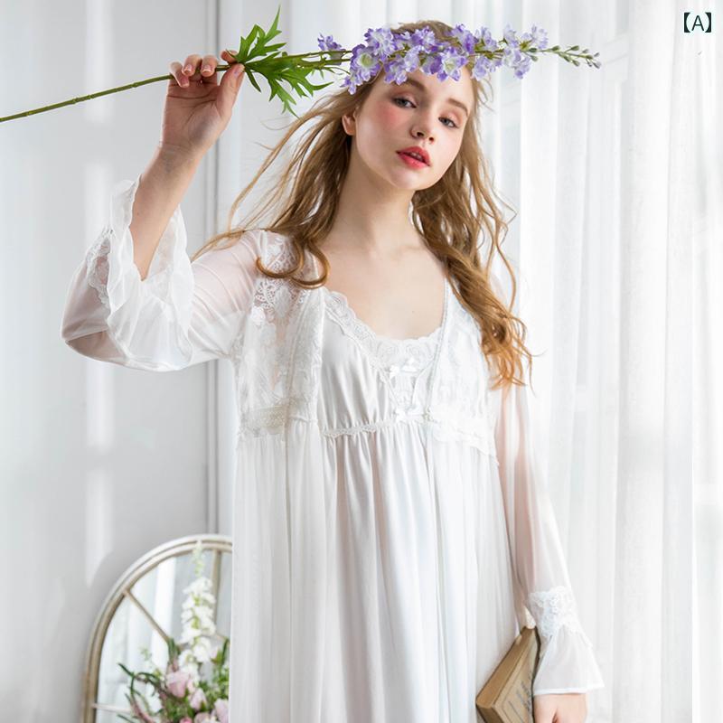 ネグリジェ パジャマ レディース 宮廷風 長袖レースガウン シフォン キャミワンピース ２点セット 上品 シンプルフレンチ ルーム ナイト ホームウェア