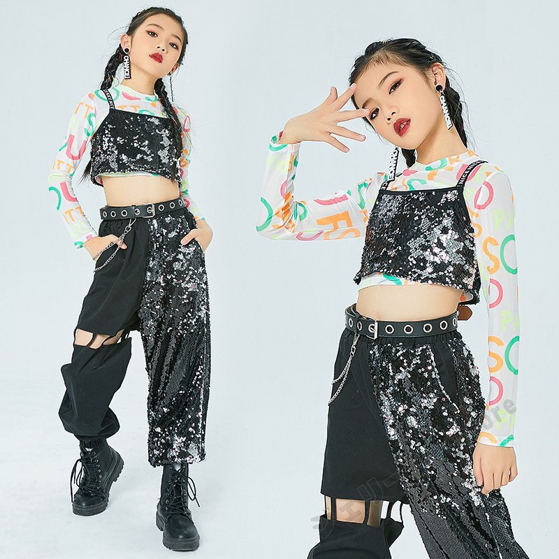 キッズダンス衣装 セットアップ 長袖 ブラック スパンコール キャミソール 女の子 男の子 舞台服